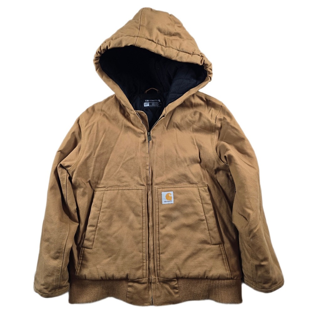 Carhartt Active Jacket Kids Medium 10-12 Brown Duck Canvas Hooded OJ8545-B